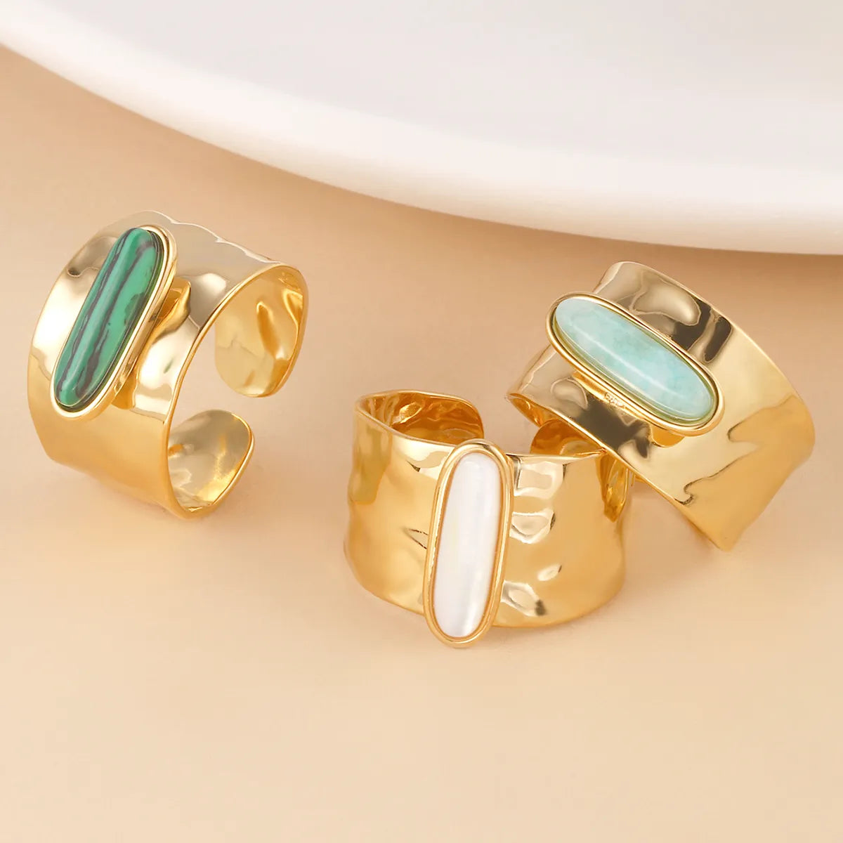 Wholesale Jewelry Retro Oval 304 Stainless Steel Stone 14K Gold Plated Inlay Open Rings