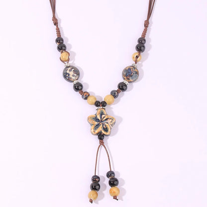 Wholesale Jewelry Retro Plaid Flower Rope Ceramics Long Necklace