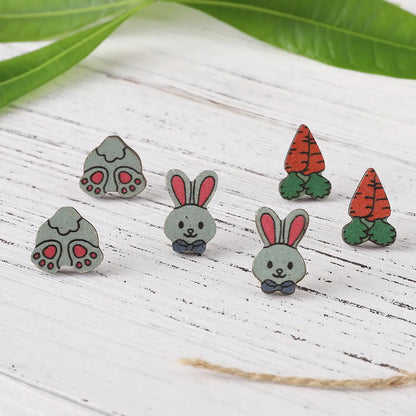 Wholesale Jewelry Retro Rabbit Carrot Wood Printing Ear Studs