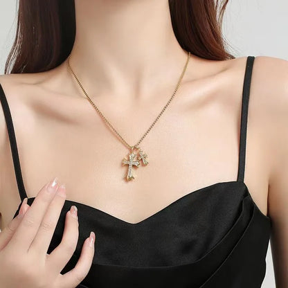 Wholesale Jewelry Retro Simple Style Cross 304 Stainless Steel Zircon Inlay Pendant Necklace