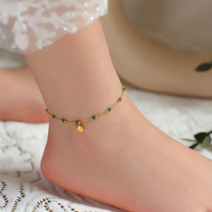 Wholesale Jewelry Retro Simple Style Quadrilateral Round Shell 304 Stainless Steel 18K Gold Plated Beaded Plating Anklet