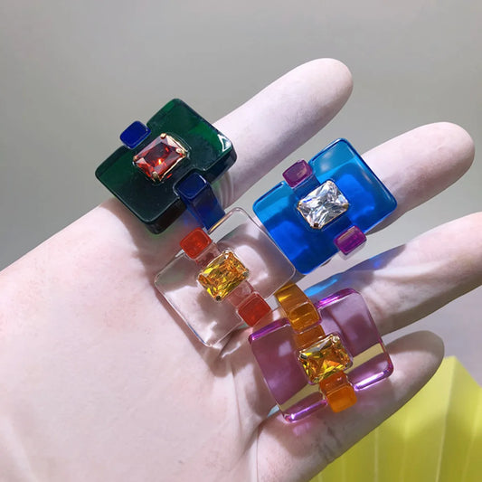 Wholesale Jewelry Retro Square Arylic Resin Acetic Acid Zircon Inlay Rings