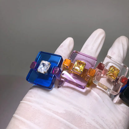 Wholesale Jewelry Retro Square Arylic Resin Acetic Acid Zircon Inlay Rings