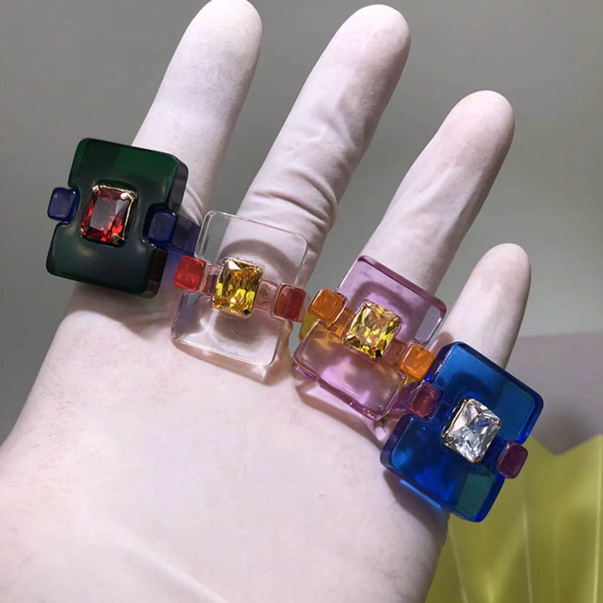 Wholesale Jewelry Retro Square Arylic Resin Acetic Acid Zircon Inlay Rings