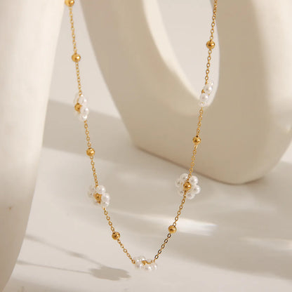 Wholesale Jewelry Retro Sweet Commute Flower 304 Stainless Steel 18K Gold Plated Pearl Necklace