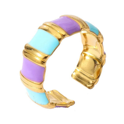 Wholesale Jewelry Retro Sweet Stripe Flower 304 Stainless Steel Enamel Open Rings