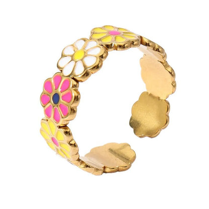 Wholesale Jewelry Retro Sweet Stripe Flower 304 Stainless Steel Enamel Open Rings