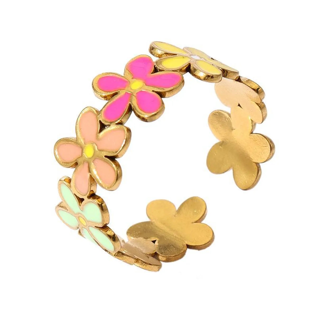 Wholesale Jewelry Retro Sweet Stripe Flower 304 Stainless Steel Enamel Open Rings