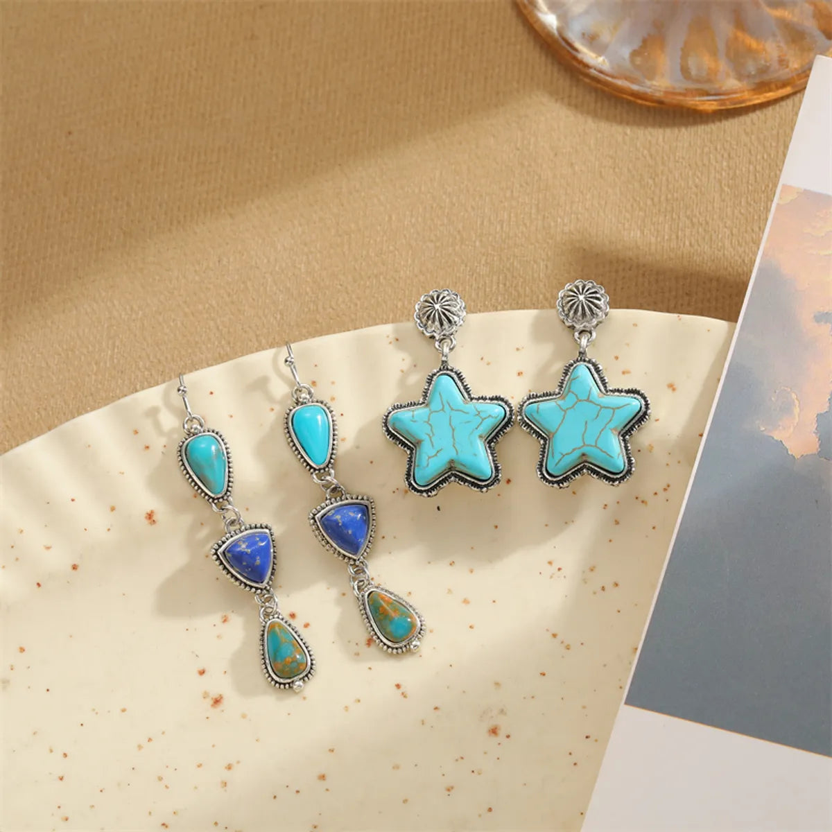 Wholesale Jewelry Retro Triangle Water Droplets Flower Alloy Acrylic Natural Stone 14k Gold Plated Plating Inlay Drop Earrings