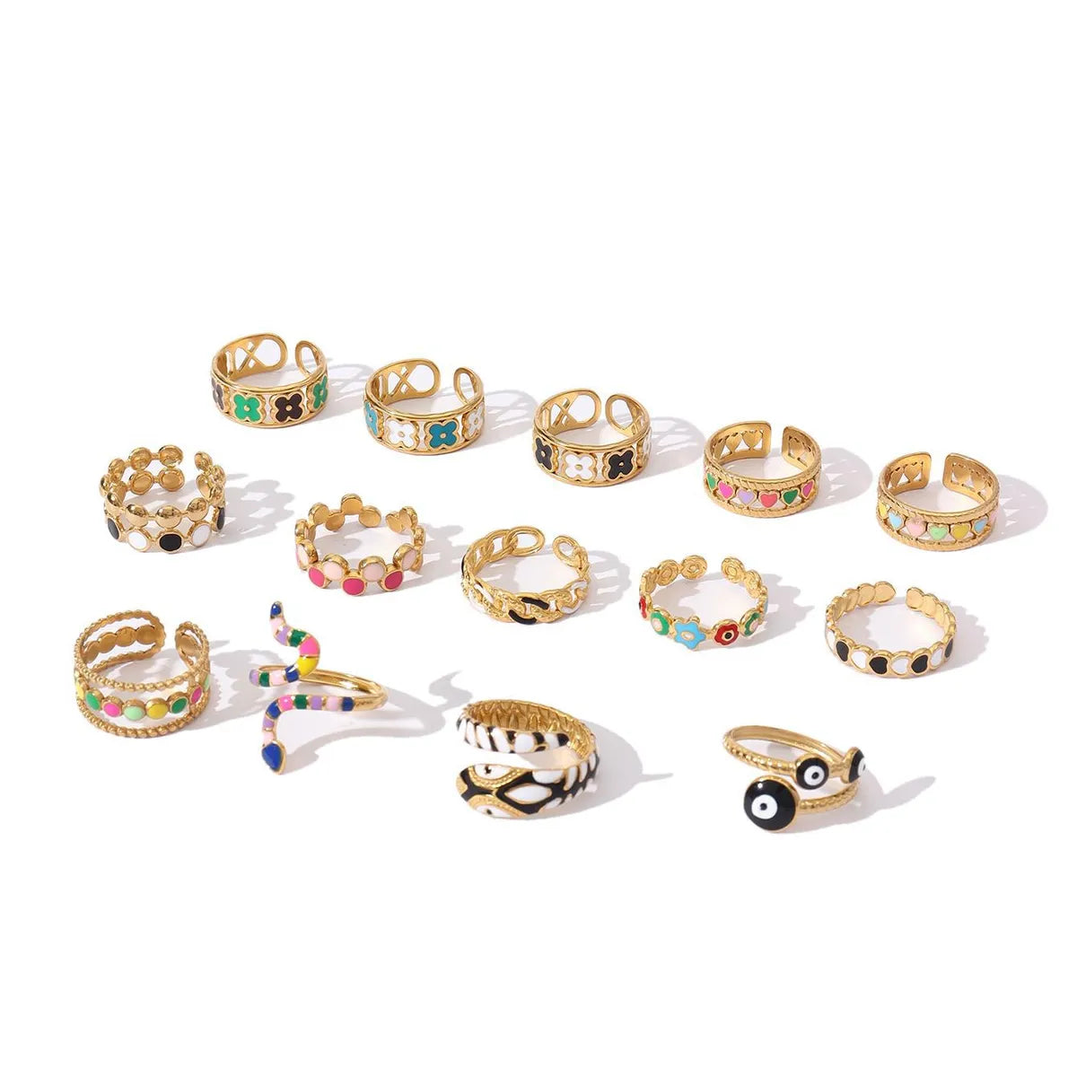 Wholesale Jewelry Retro U Shape 304 Stainless Steel 18K Gold Plated Enamel Open Rings