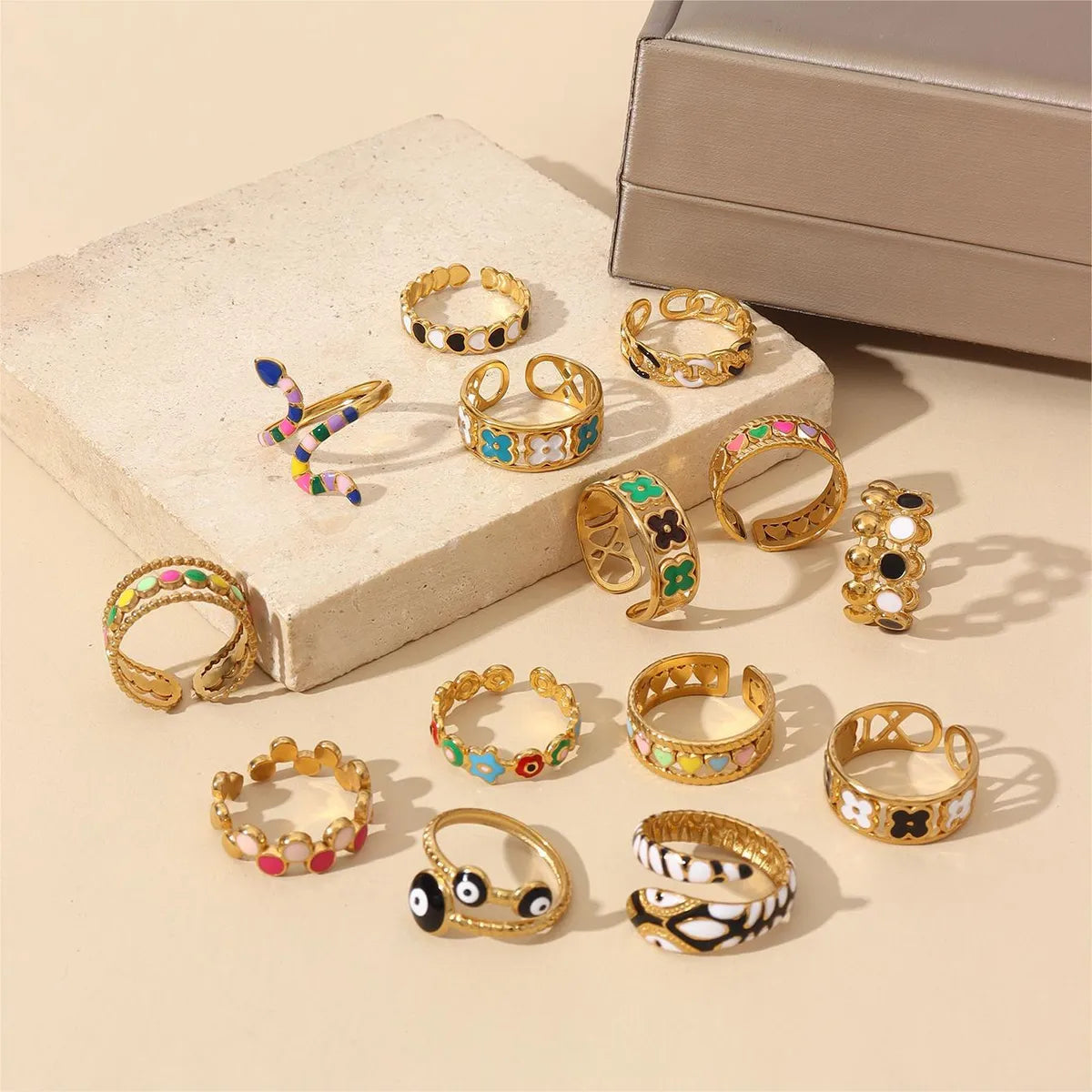 Wholesale Jewelry Retro U Shape 304 Stainless Steel 18K Gold Plated Enamel Open Rings