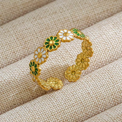 Wholesale Jewelry Rock Oversized Leaves Eye Flower 304 Stainless Steel Gem 18K Gold Plated Inlay Open Rings