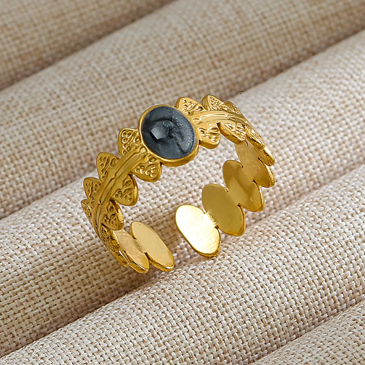 Wholesale Jewelry Rock Oversized Leaves Eye Flower 304 Stainless Steel Gem 18K Gold Plated Inlay Open Rings