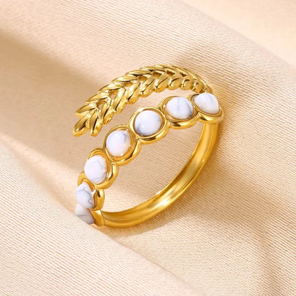 Wholesale Jewelry Roman Style Artistic British Style Round Leaves 304 Stainless Steel Turquoise Pearl Inlay Open Rings