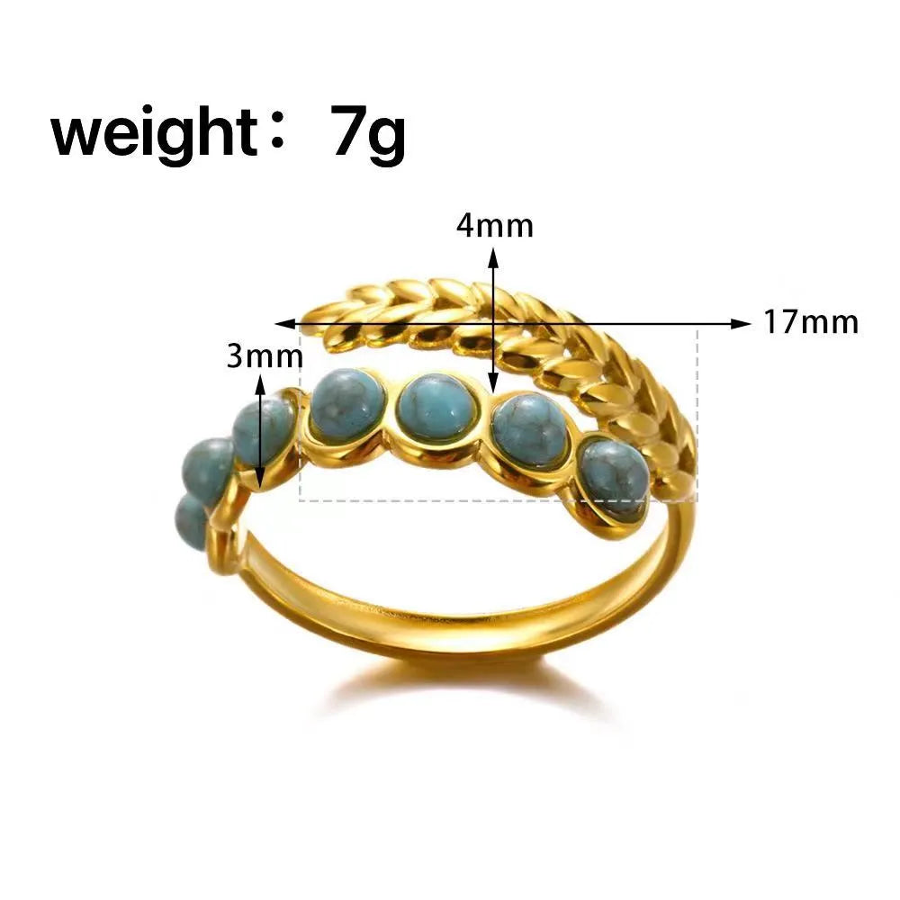 Wholesale Jewelry Roman Style Artistic British Style Round Leaves 304 Stainless Steel Turquoise Pearl Inlay Open Rings