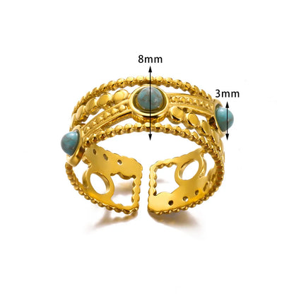 Wholesale Jewelry Roman Style Artistic British Style Round Leaves 304 Stainless Steel Turquoise Pearl Inlay Open Rings