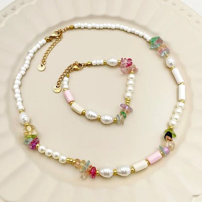 Roman Style Commute Colorful Gold Plated Natural Stone Crystal Pearl 304 Stainless Steel Beaded Wholesale Bracelets Necklace