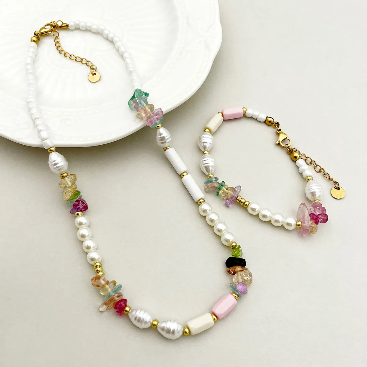 Roman Style Commute Colorful Gold Plated Natural Stone Crystal Pearl 304 Stainless Steel Beaded Wholesale Bracelets Necklace