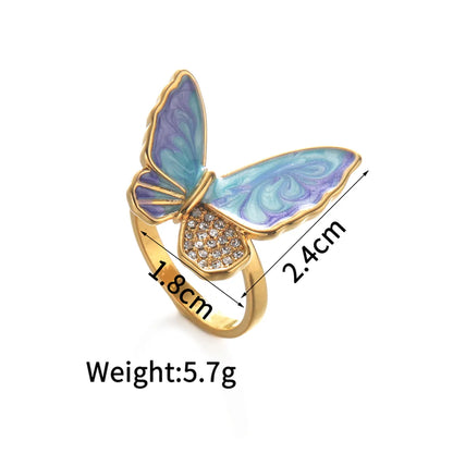 Wholesale Jewelry Romantic Butterfly 316 Stainless Steel  Zircon 18K Gold Plated Enamel Inlay Rings