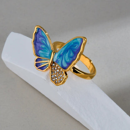 Wholesale Jewelry Romantic Butterfly 316 Stainless Steel  Zircon 18K Gold Plated Enamel Inlay Rings