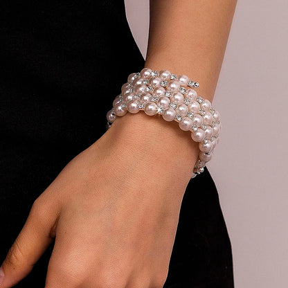 Simple Style Artificial Gemstones Artificial Pearl Layered Inlay Rhinestones Pearl Women'S Wristband