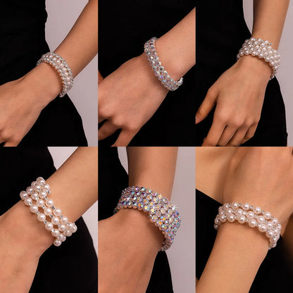 Simple Style Artificial Gemstones Artificial Pearl Layered Inlay Rhinestones Pearl Women'S Wristband