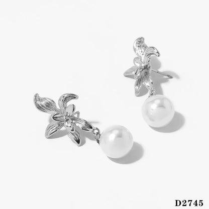 Wholesale Jewelry Simple Style Artistic Flower 304 Stainless Steel Pearl 16K Gold Plated White Gold Plated Gold Plated Inlay Jewelry Set