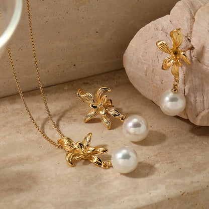 Wholesale Jewelry Simple Style Artistic Flower 304 Stainless Steel Pearl 16K Gold Plated White Gold Plated Gold Plated Inlay Jewelry Set