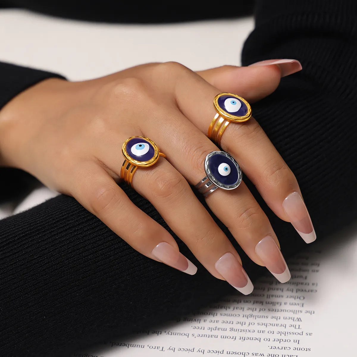 Wholesale Jewelry Simple Style Artistic Round Devil'S Eye Eye 304 Stainless Steel 18K Gold Plated Enamel Plating Hollow Out Open Rings