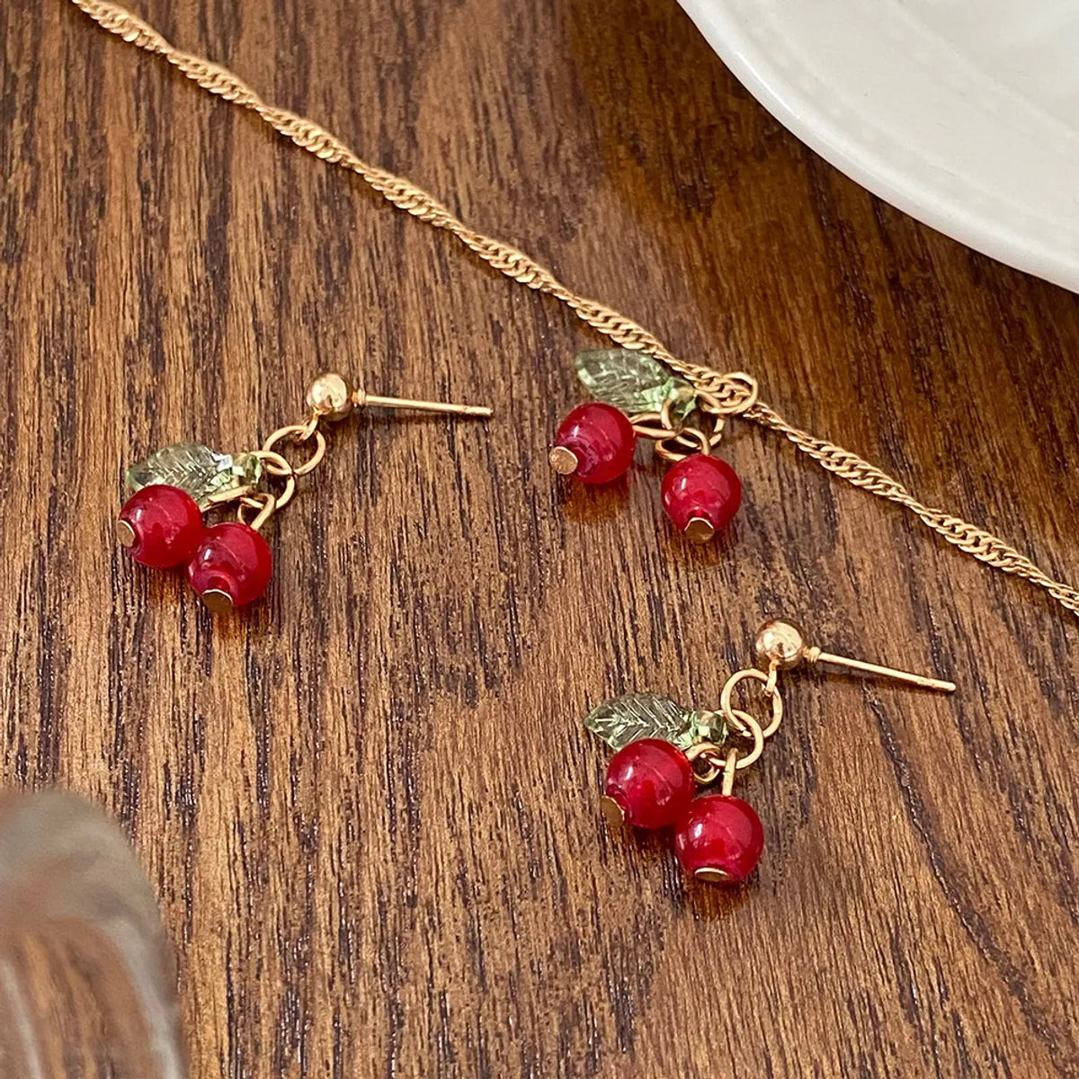 Wholesale Jewelry Simple Style Cherry Plastic Resin 14k Gold Plated Plating Earrings Necklace