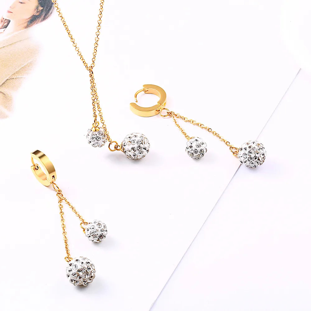 Wholesale Jewelry Simple Style Classic Style Ball 304 Stainless Steel Rhinestones 18K Gold Plated Plating Inlay Earrings Necklace