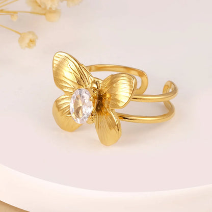 Wholesale Jewelry Simple Style Classic Style Butterfly 304 Stainless Steel Rhinestones 14K Gold Plated Plating Inlay Rings