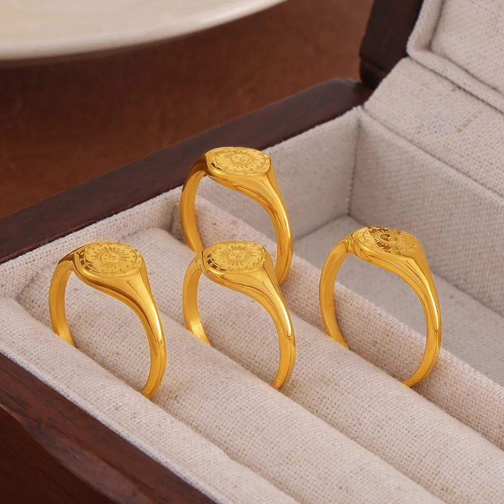 Wholesale Jewelry Simple Style Classic Style Circle Round Sun 304 Stainless Steel 18K Gold Plated Plating Carving Rings