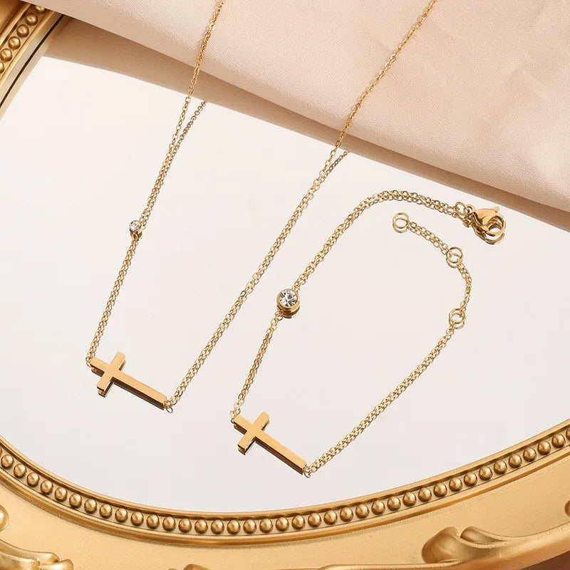 Wholesale Jewelry Simple Style Classic Style Commute Cross 304 Stainless Steel Artificial Rhinestones 18K Gold Plated Plating Jewelry Set