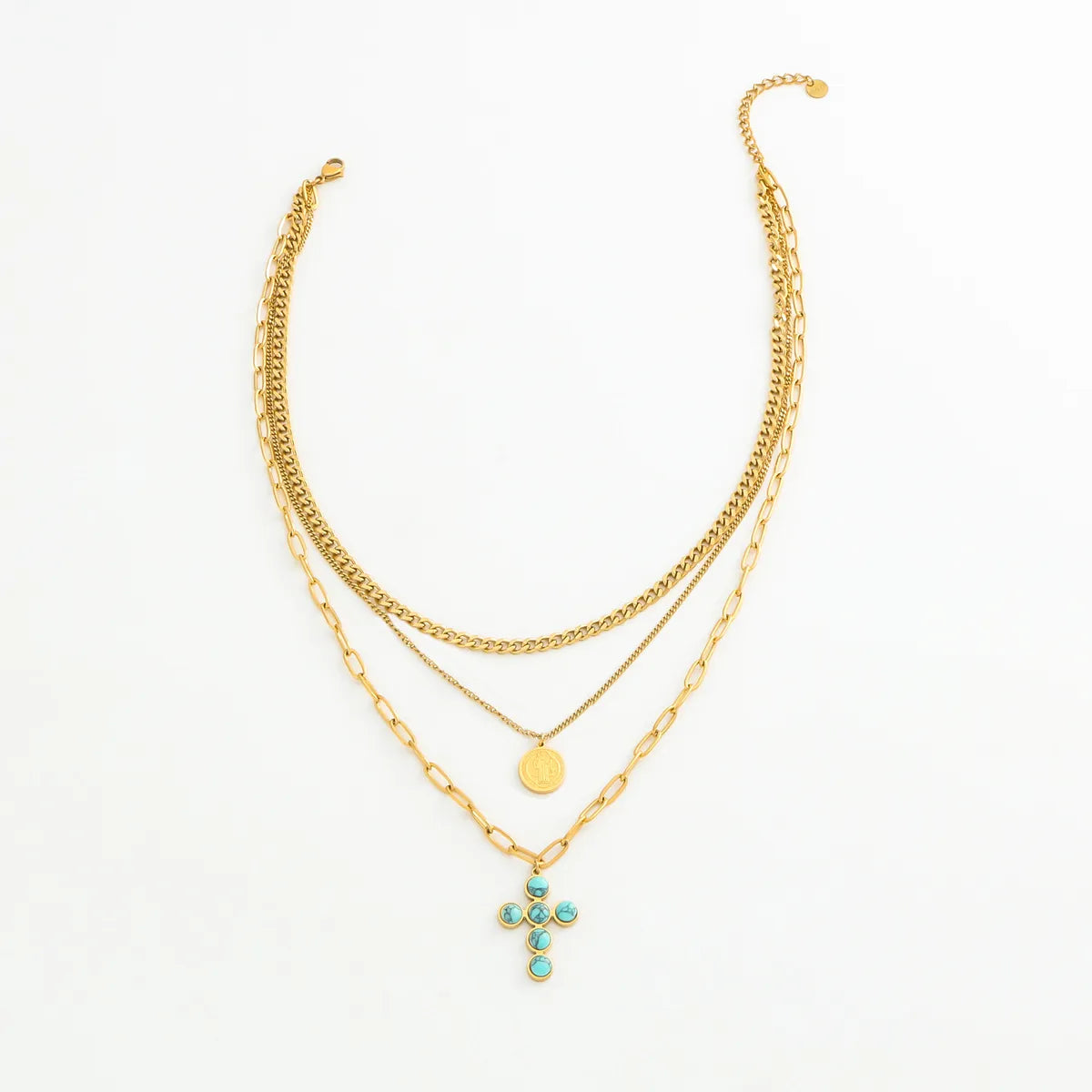 Wholesale Jewelry Simple Style Classic Style Cross Round 304 Stainless Steel Turquoise 18K Gold Plated Plating Inlay Layered Necklaces