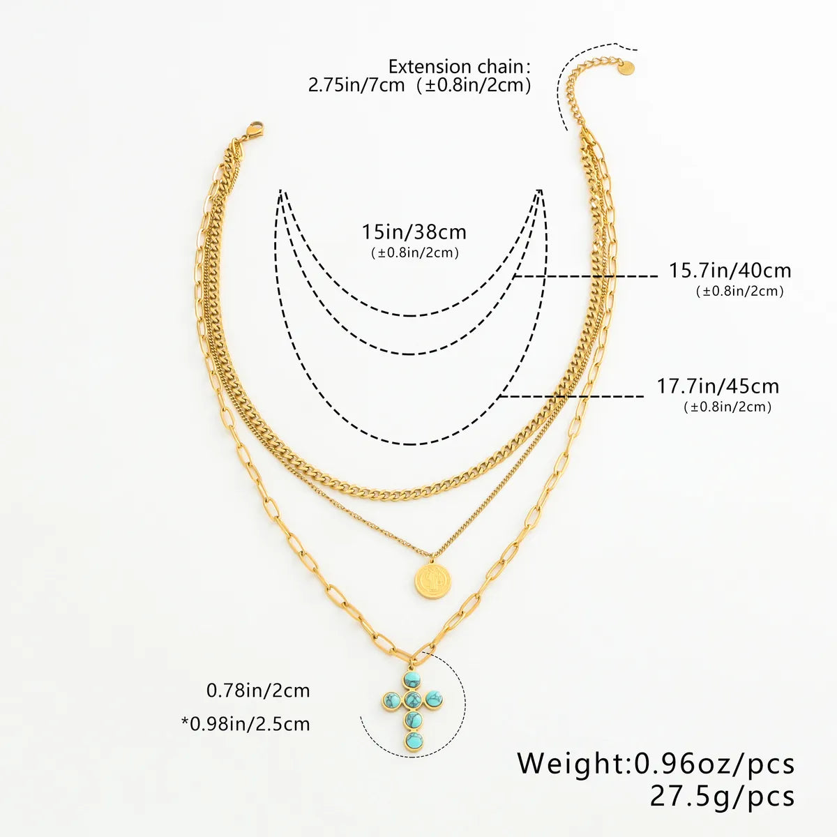 Wholesale Jewelry Simple Style Classic Style Cross Round 304 Stainless Steel Turquoise 18K Gold Plated Plating Inlay Layered Necklaces