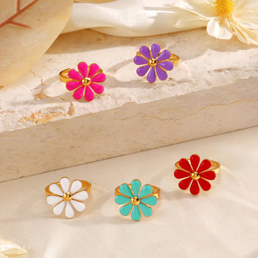 Wholesale Jewelry Simple Style Classic Style Flower 304 Stainless Steel Resin 18K Gold Plated Enamel Rings Earrings