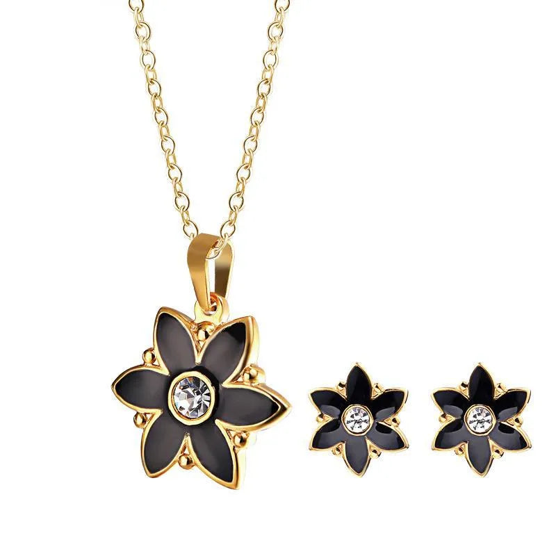 Wholesale Jewelry Simple Style Classic Style Flower 304 Stainless Steel Rhinestones 18K Gold Plated Inlay Earrings Necklace