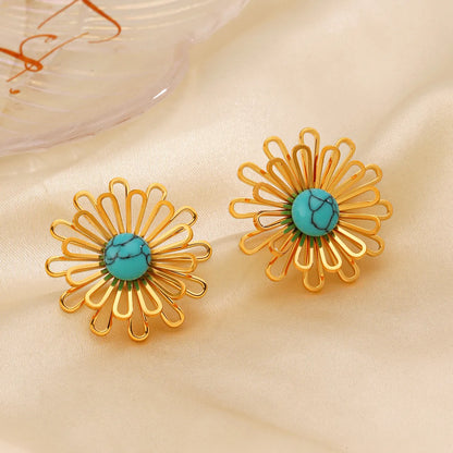 Wholesale Jewelry Simple Style Classic Style Flower 304 Stainless Steel Turquoise 18K Gold Plated Inlay