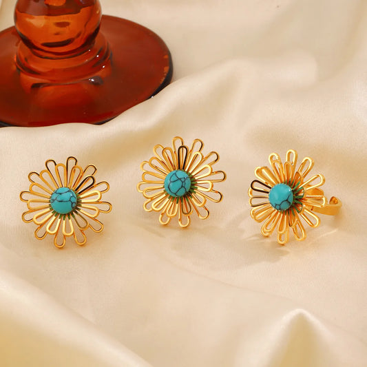 Wholesale Jewelry Simple Style Classic Style Flower 304 Stainless Steel Turquoise 18K Gold Plated Inlay