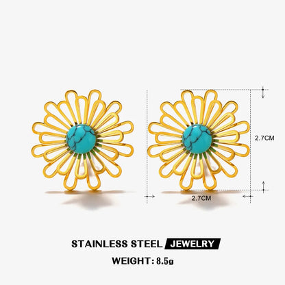 Wholesale Jewelry Simple Style Classic Style Flower 304 Stainless Steel Turquoise 18K Gold Plated Inlay