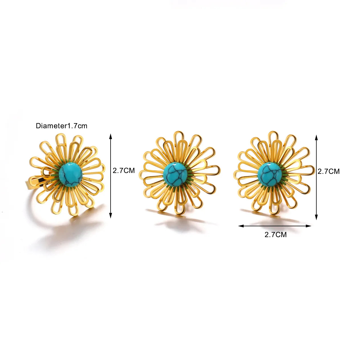 Wholesale Jewelry Simple Style Classic Style Flower 304 Stainless Steel Turquoise 18K Gold Plated Inlay