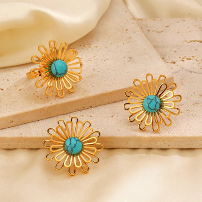 Wholesale Jewelry Simple Style Classic Style Flower 304 Stainless Steel Turquoise 18K Gold Plated Inlay