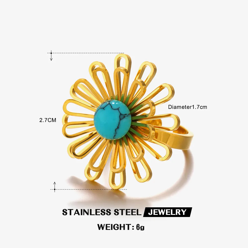 Wholesale Jewelry Simple Style Classic Style Flower 304 Stainless Steel Turquoise 18K Gold Plated Inlay