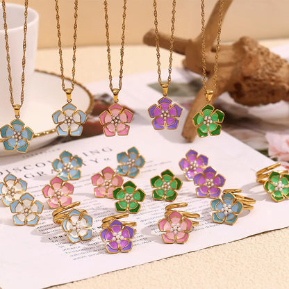 Wholesale Jewelry Simple Style Classic Style Flower Titanium Steel Pearl Inlay Rings Earrings Necklace