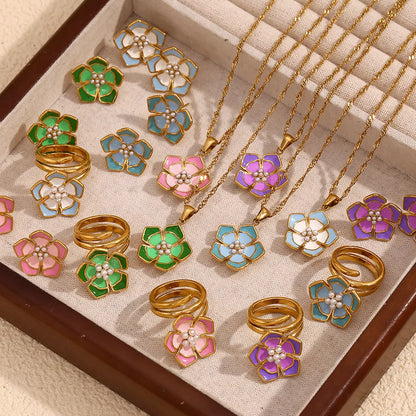 Wholesale Jewelry Simple Style Classic Style Flower Titanium Steel Pearl Inlay Rings Earrings Necklace