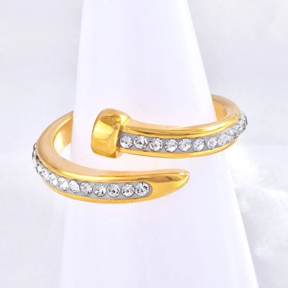 Wholesale Jewelry Simple Style Classic Style Geometric 304 Stainless Steel Rhinestones 18K Gold Plated Inlay Open Rings