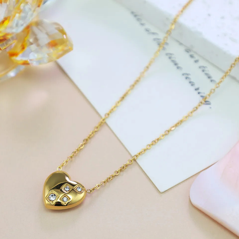 Wholesale Jewelry Simple Style Classic Style Heart Shape 304 Stainless Steel Rhinestones Inlay Pendant Necklace