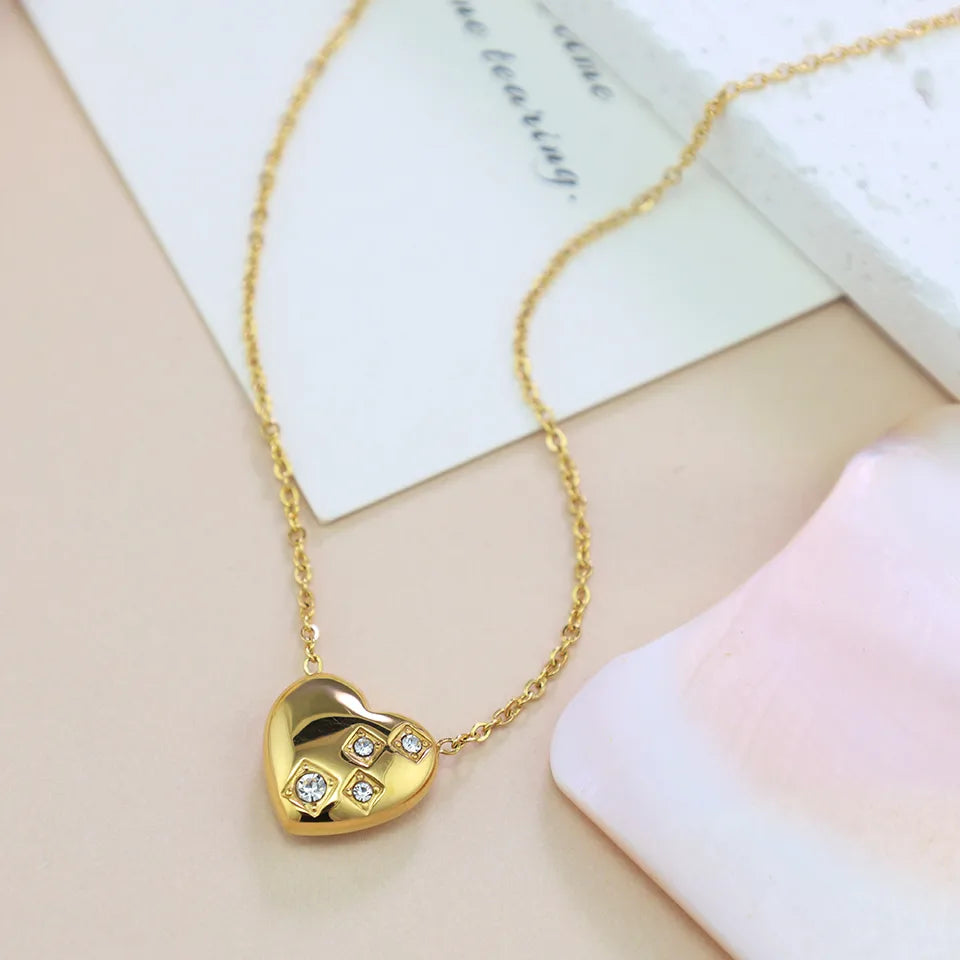 Wholesale Jewelry Simple Style Classic Style Heart Shape 304 Stainless Steel Rhinestones Inlay Pendant Necklace