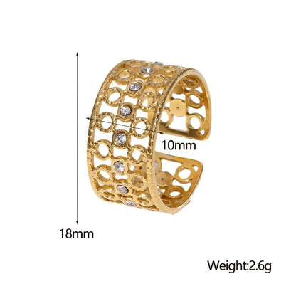 Wholesale Jewelry Simple Style Classic Style Round 304 Stainless Steel Artificial Rhinestones 18K Gold Plated Hollow Out Inlay Open Rings